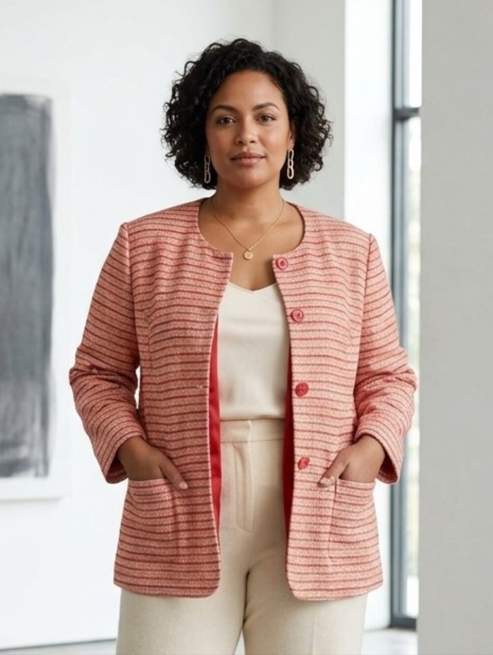 NWOT Lafayette 148 24 Quiet Luxury Contemporary Striped Tweed Silk Lined Blazer